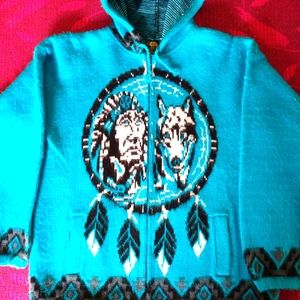 Zip up wool cardigan sweater Native American wolf S